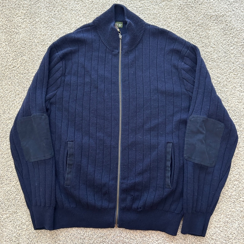 Orvis Full Zip Wool‎ Sweater Large Navy Blue Elbow Patches Chunky Knit Heavy